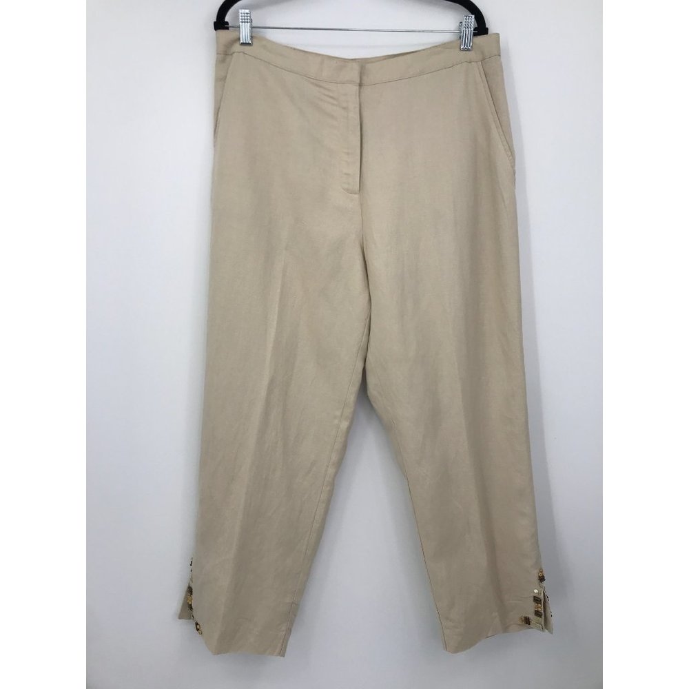 Ruby Rd. Linen Blend Crop Beaded Hem Pant Beige Tan 16